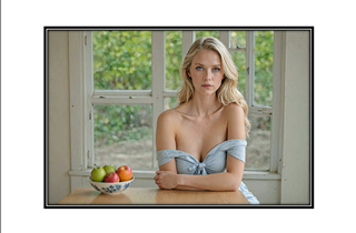 bare shoulder blonde with fruit bowl